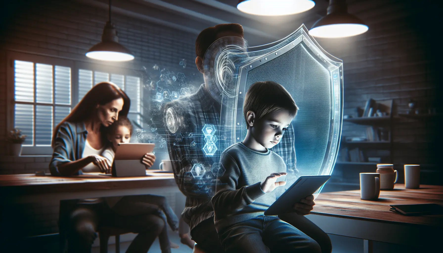Un genitore e un bambino che esplorano insieme un dispositivo digitale, discutendo della sicurezza online e della privacy.