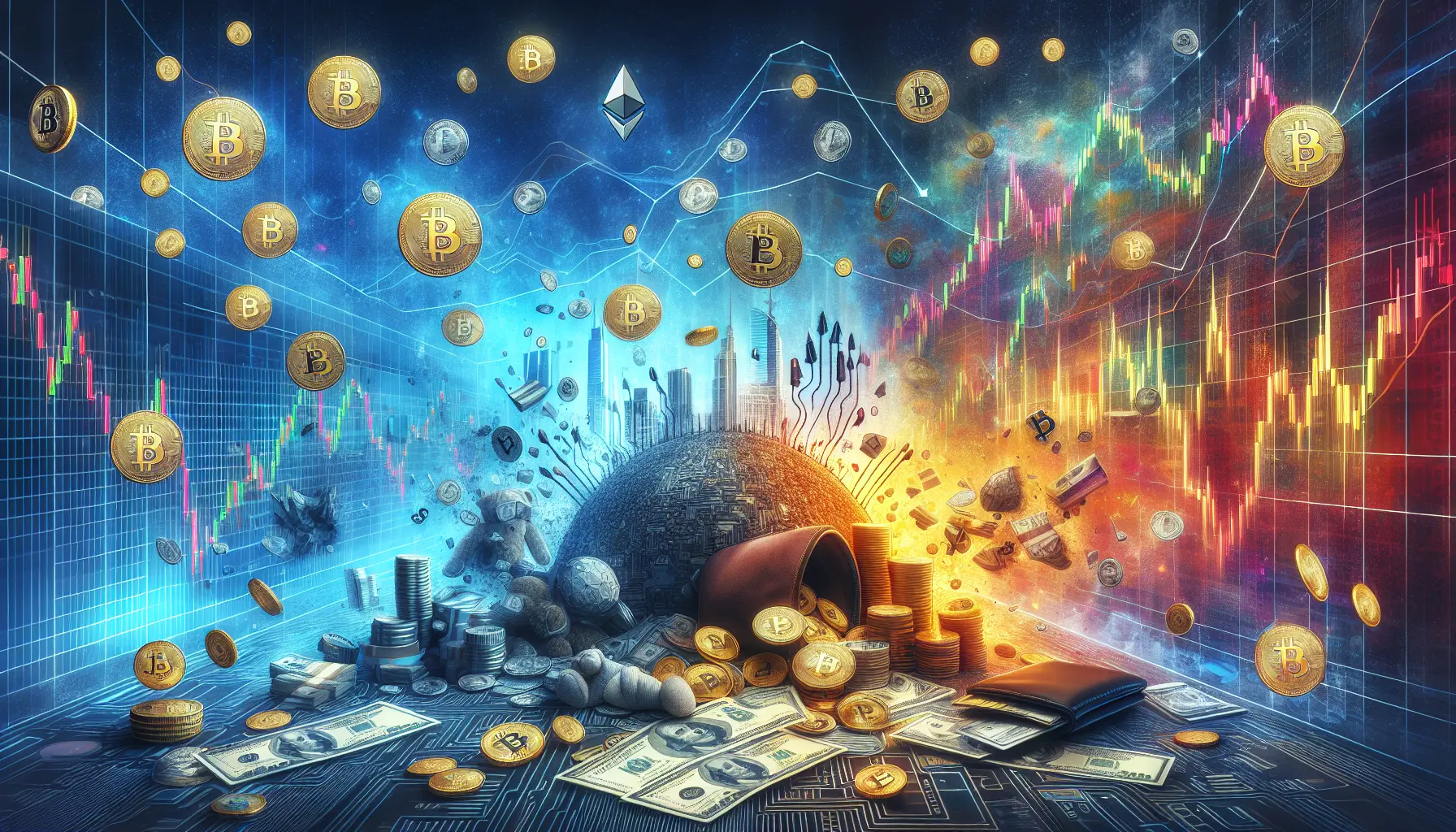 Grafico che rappresenta l'andamento delle criptovalute con simboli di Bitcoin ed Ethereum in primo piano.