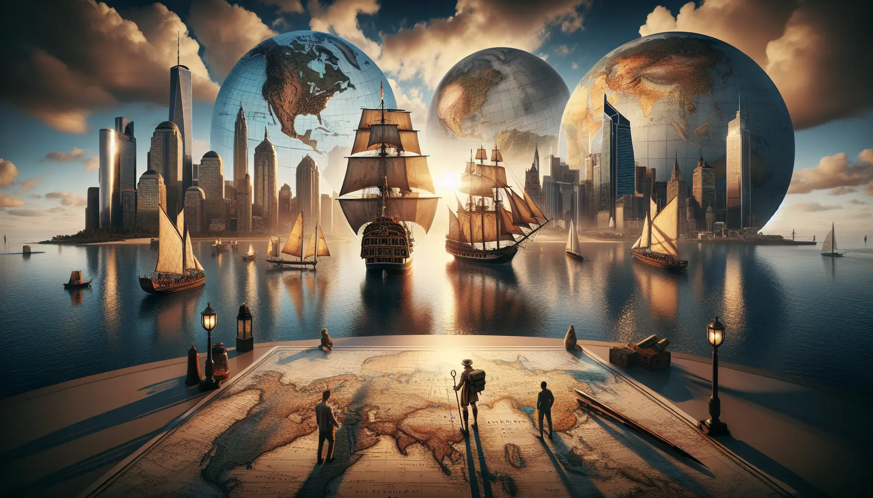 Rappresentazione artistica di James Cook mentre naviga in acque sconosciute, con mappe e strumenti di navigazione.