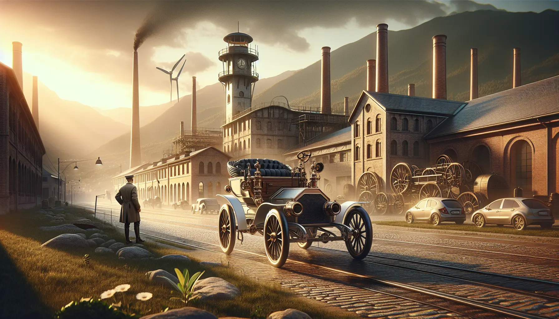 Rappresentazione storica di Karl Friedrich Benz accanto al suo primo veicolo a motore.