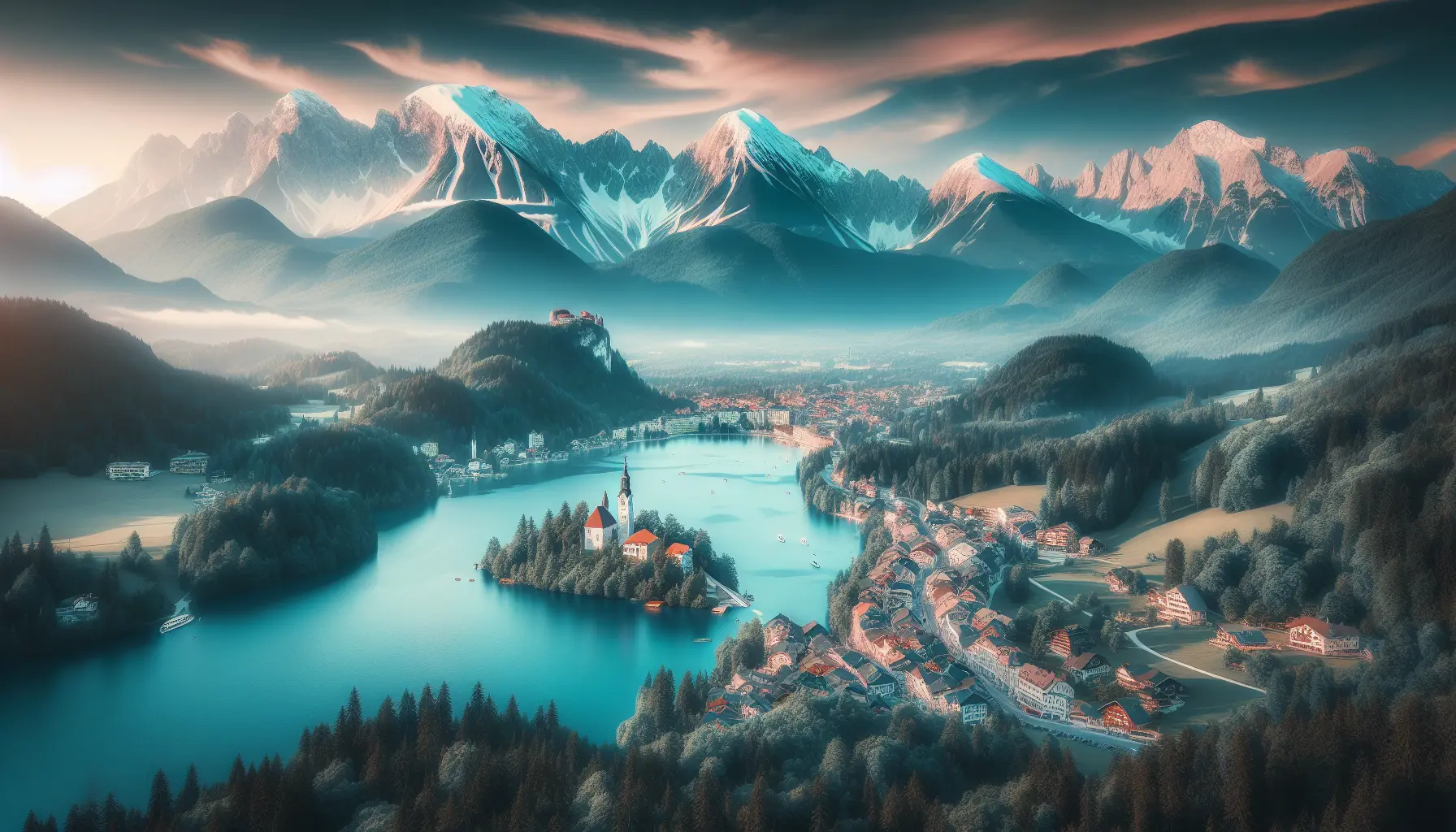 Vista panoramica di Kranjska Gora con montagne e natura circostante