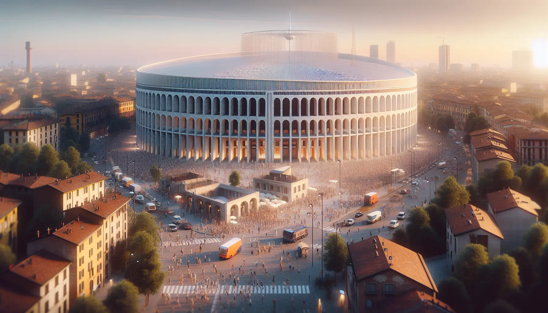Vista panoramica dell'Arena Civica Gianni Brera a Milano, un impianto storico circondato da alberi e spazi verdi.