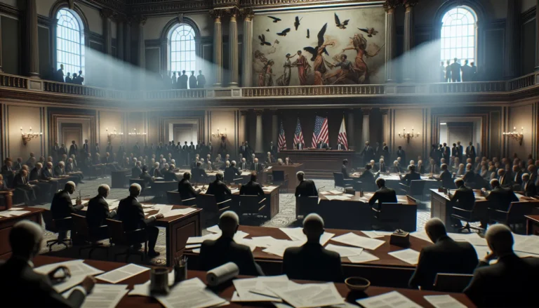 Rappresentazione visiva del processo di impeachment, con simboli di giustizia e democrazia.