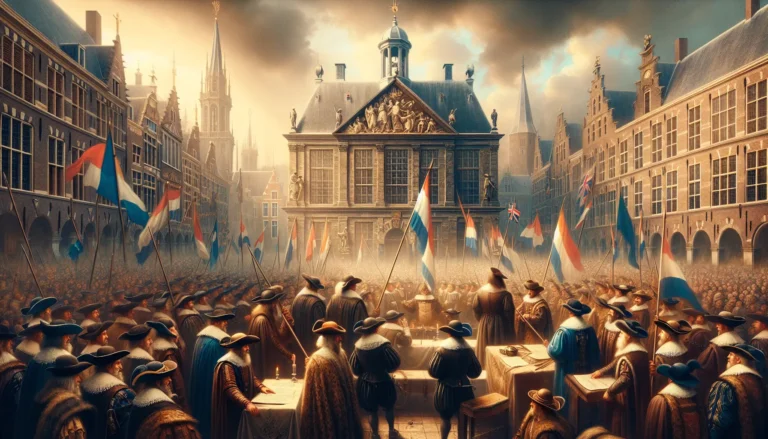 Rappresentazione storica dell'Unione di Utrecht con province unite e simboli di libertà e indipendenza.