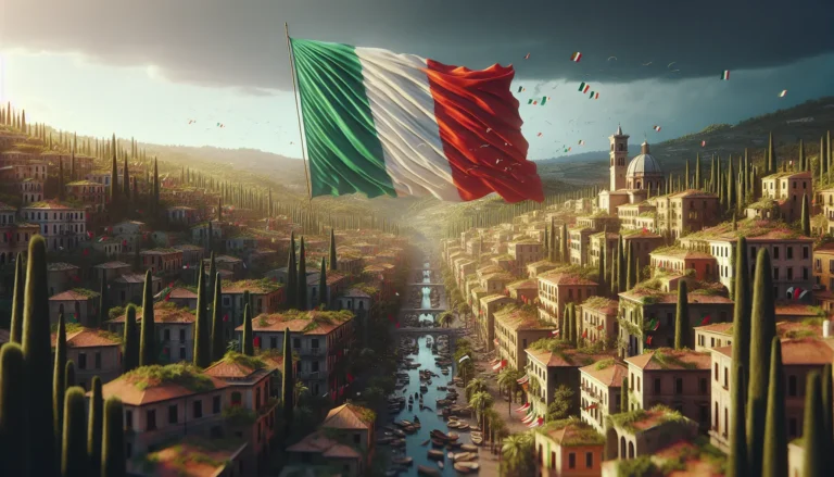 Una bandiera d'Italia che sventola al vento, simbolo di unità e identità nazionale.
