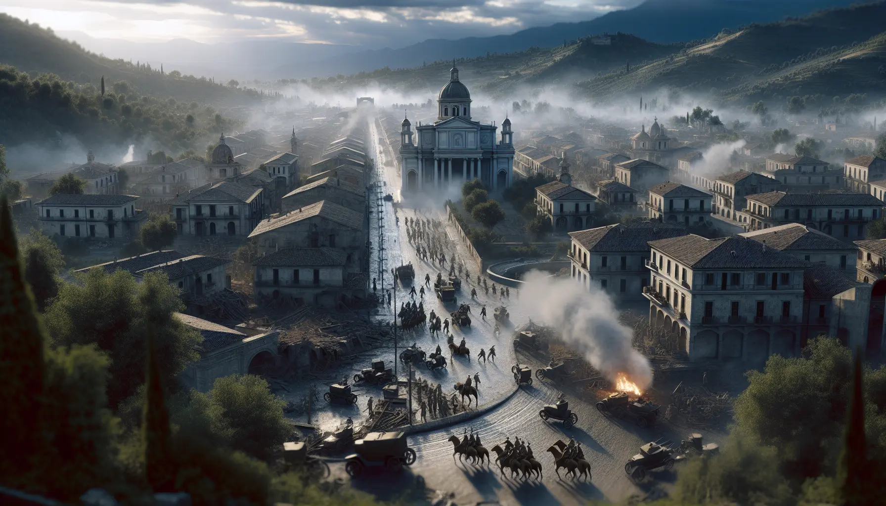 Rappresentazione della Battaglia di Cassino con soldati e distruzione