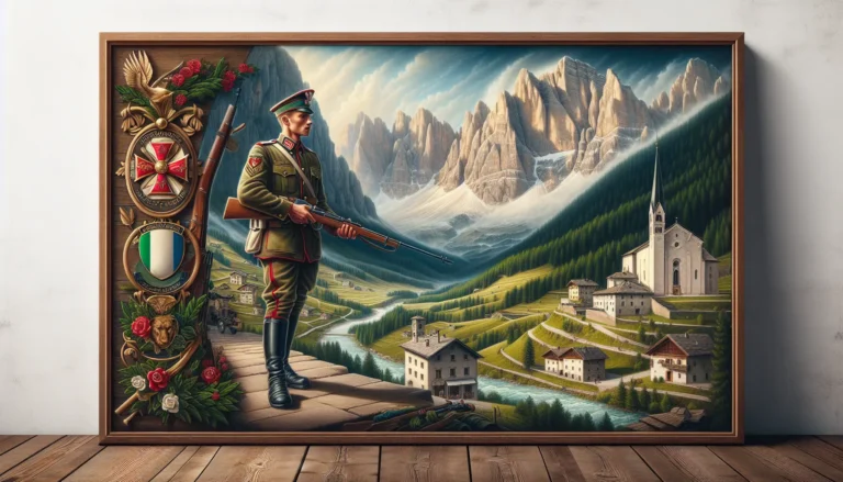 Un gruppo di alpini in uniforme, circondato da maestose montagne dolomitiche, mentre celebrano una tradizione locale.