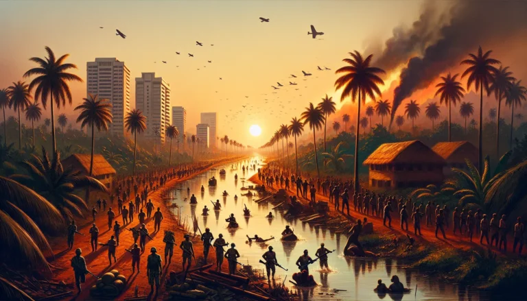 Immagine storica della guerra del Biafra, che mostra la devastazione e le conseguenze del conflitto.