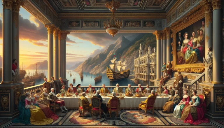 Rappresentazione artistica della famiglia Fieschi con elementi architettonici tipici di Genova