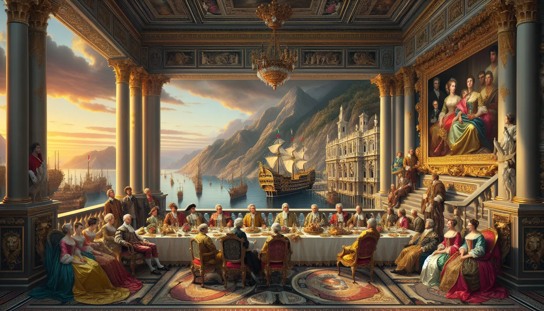 Rappresentazione artistica della famiglia Fieschi con elementi architettonici tipici di Genova