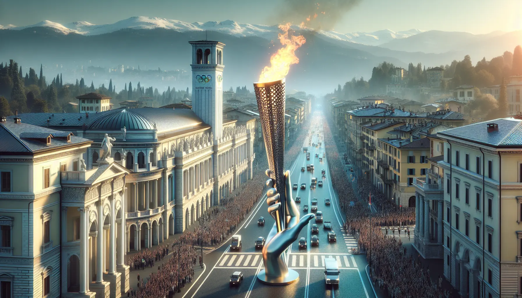 Fiaccola olimpica accesa in un contesto festivo, simbolo di unità e speranza per le Olimpiadi Invernali.