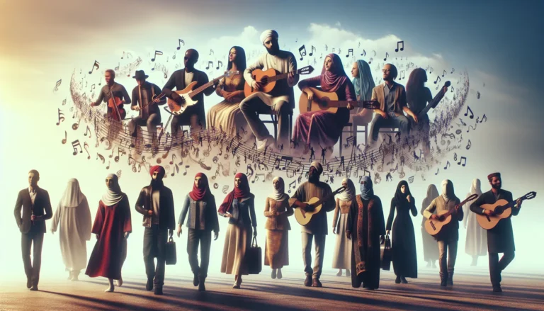 Un gruppo di persone che ballano e suonano strumenti musicali durante un festival culturale, rappresentando l'unione attraverso la musica.