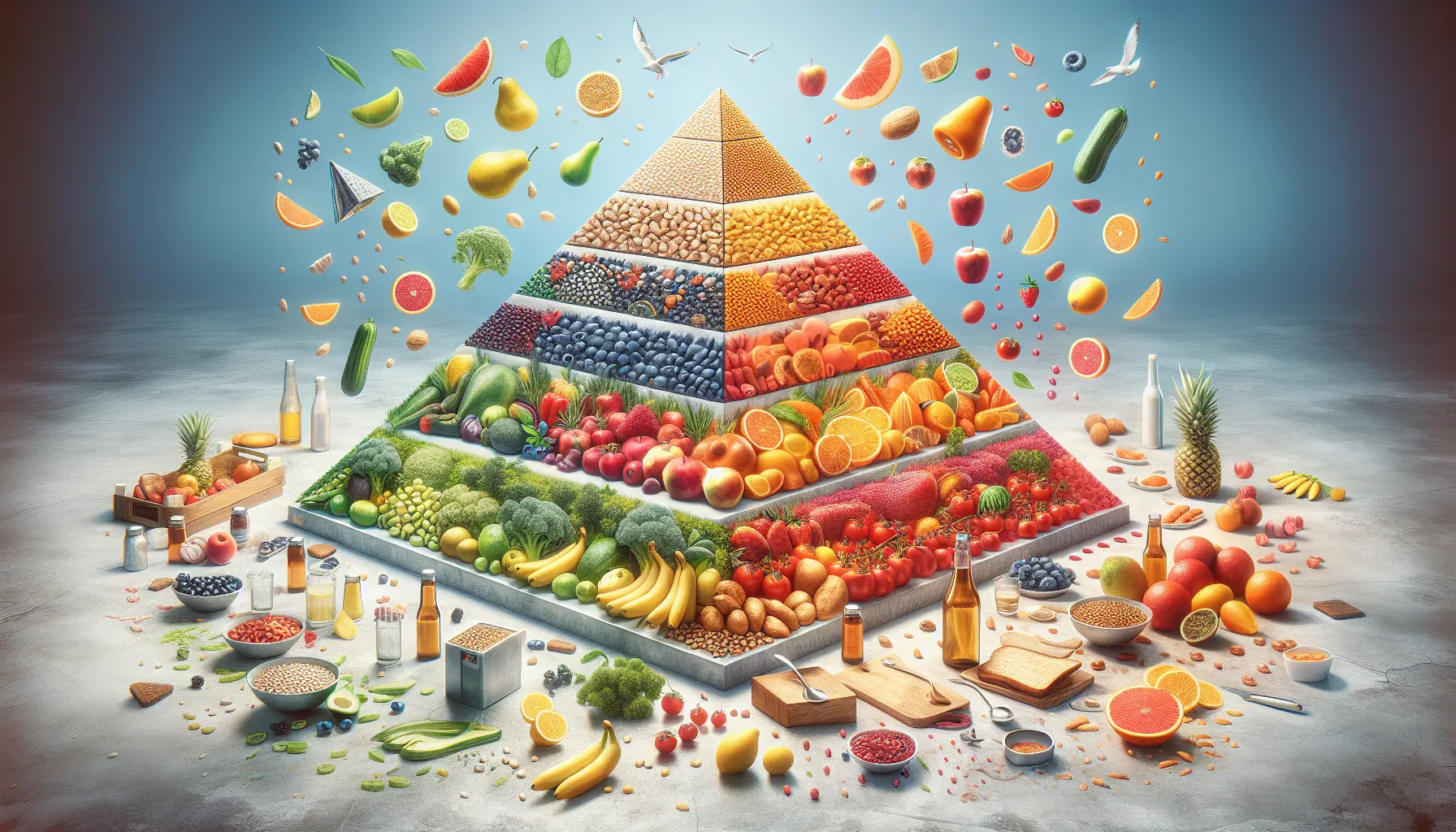 Rappresentazione grafica della nuova piramide alimentare con i vari gruppi alimentari