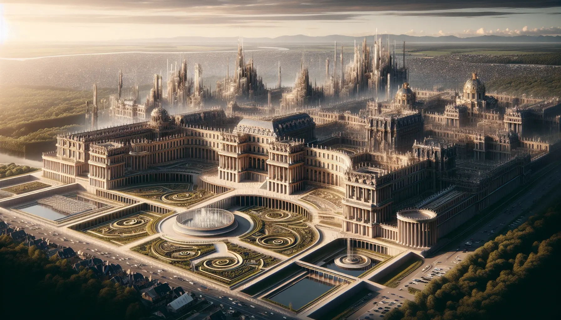 Panoramica della Reggia di Versailles con i suoi giardini curati e l'architettura barocca che si staglia contro il cielo blu.