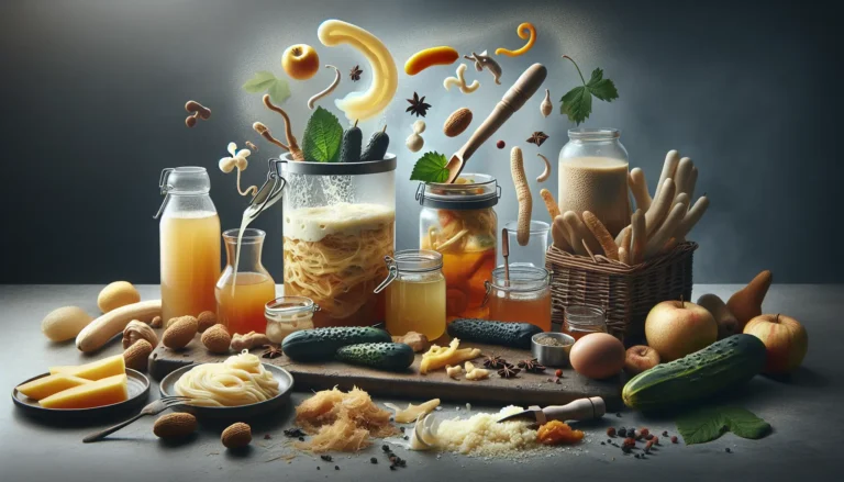 Un assortimento di cibi fermentati colorati, tra cui kimchi, kefir e marmellate, disposti su un tavolo rustico.