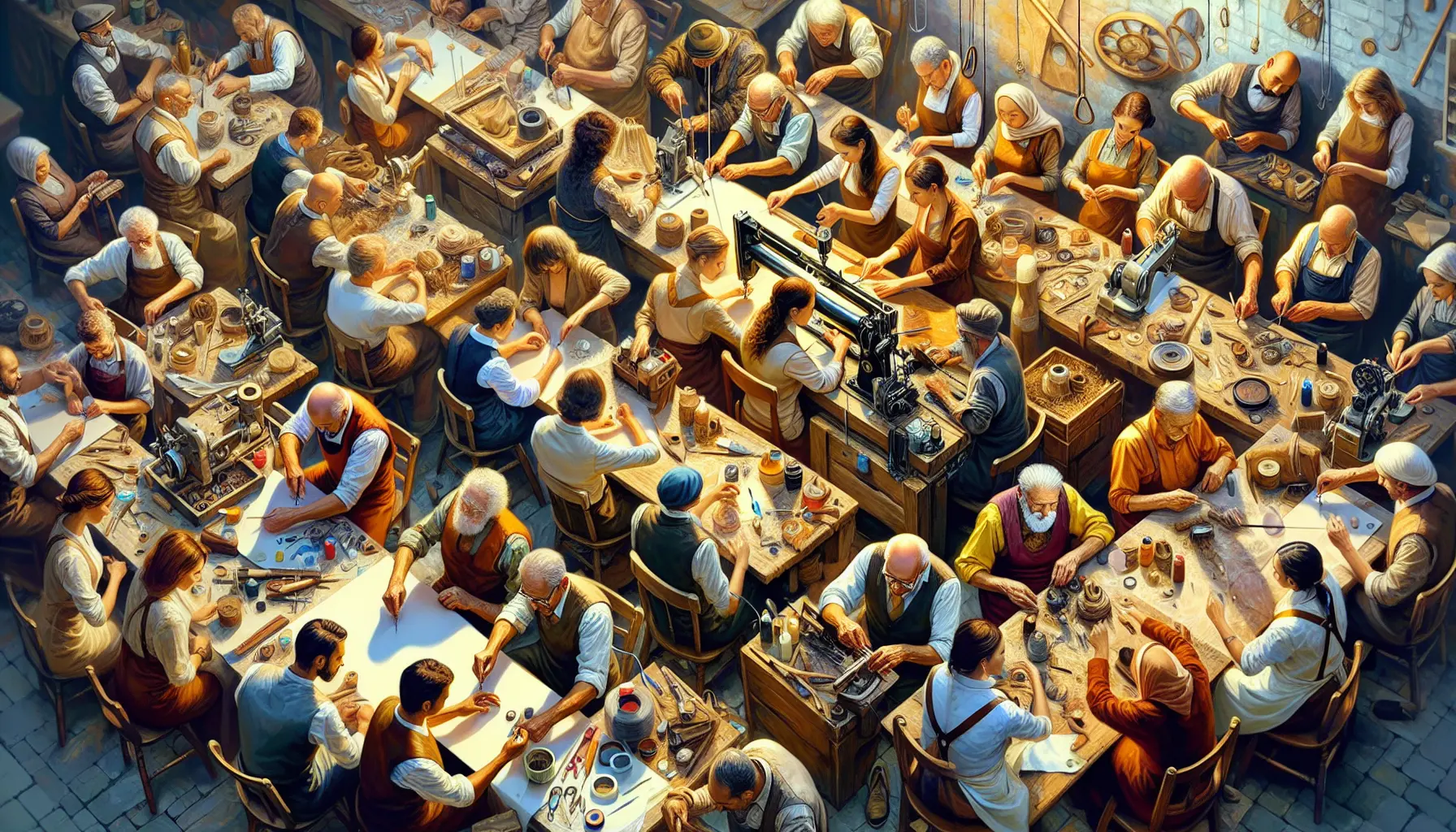 Artigiano al lavoro che crea un pezzo di ceramica in un laboratorio luminoso e accogliente, circondato da attrezzi e opere d'arte.