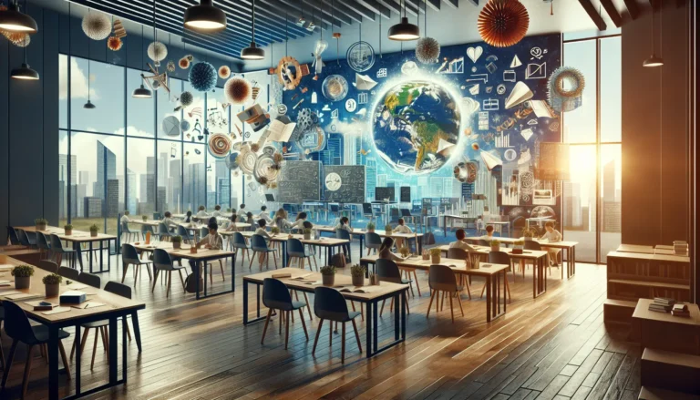 Studenti collaborano a un progetto in classe, discutendo idee e creando un prodotto finale.