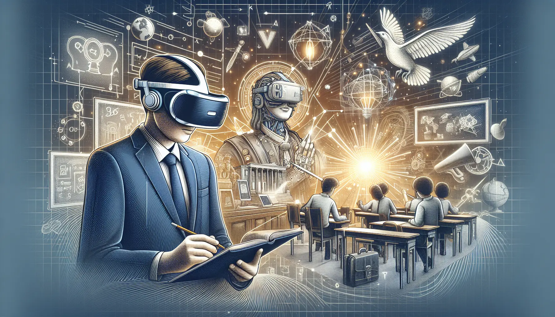 Studente che utilizza un visore di realtà virtuale per un'esperienza educativa immersiva