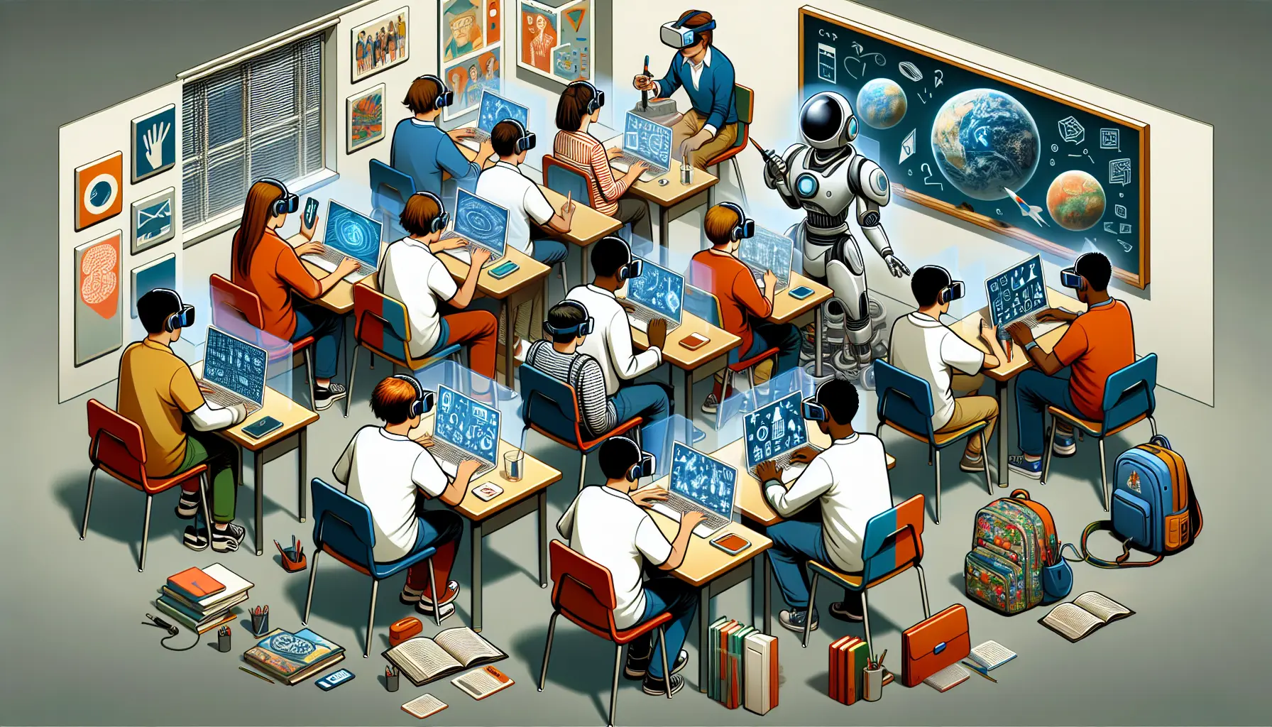 Studente che utilizza un visore di realtà virtuale per un'esperienza educativa immersiva.