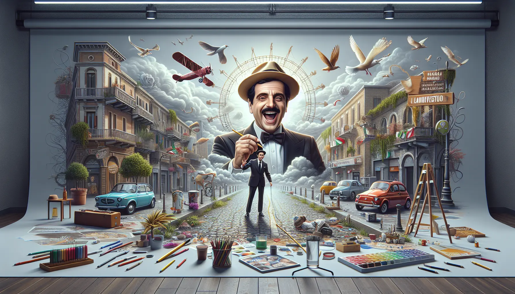 Nino Frassica in un momento di spettacolo, sorridente e coinvolgente, mentre intrattiene il pubblico con il suo umorismo unico.