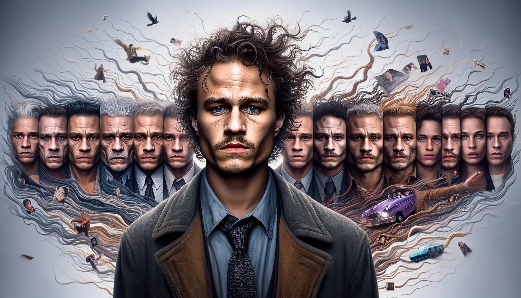 Ritratto di Heath Ledger in un momento di intensa espressione artistica, riflettendo la sua profondità e il suo talento nel cinema.