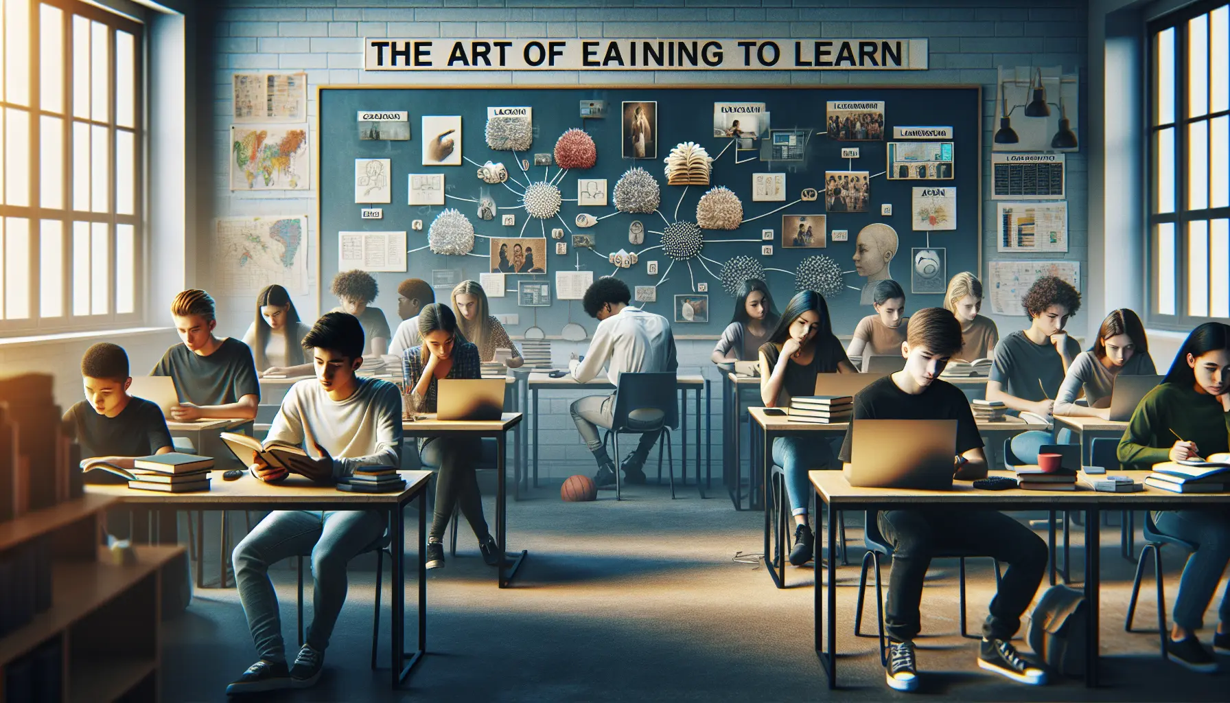 Immagine che rappresenta un bambino che studia in modo autonomo, circondato da libri e tecnologia