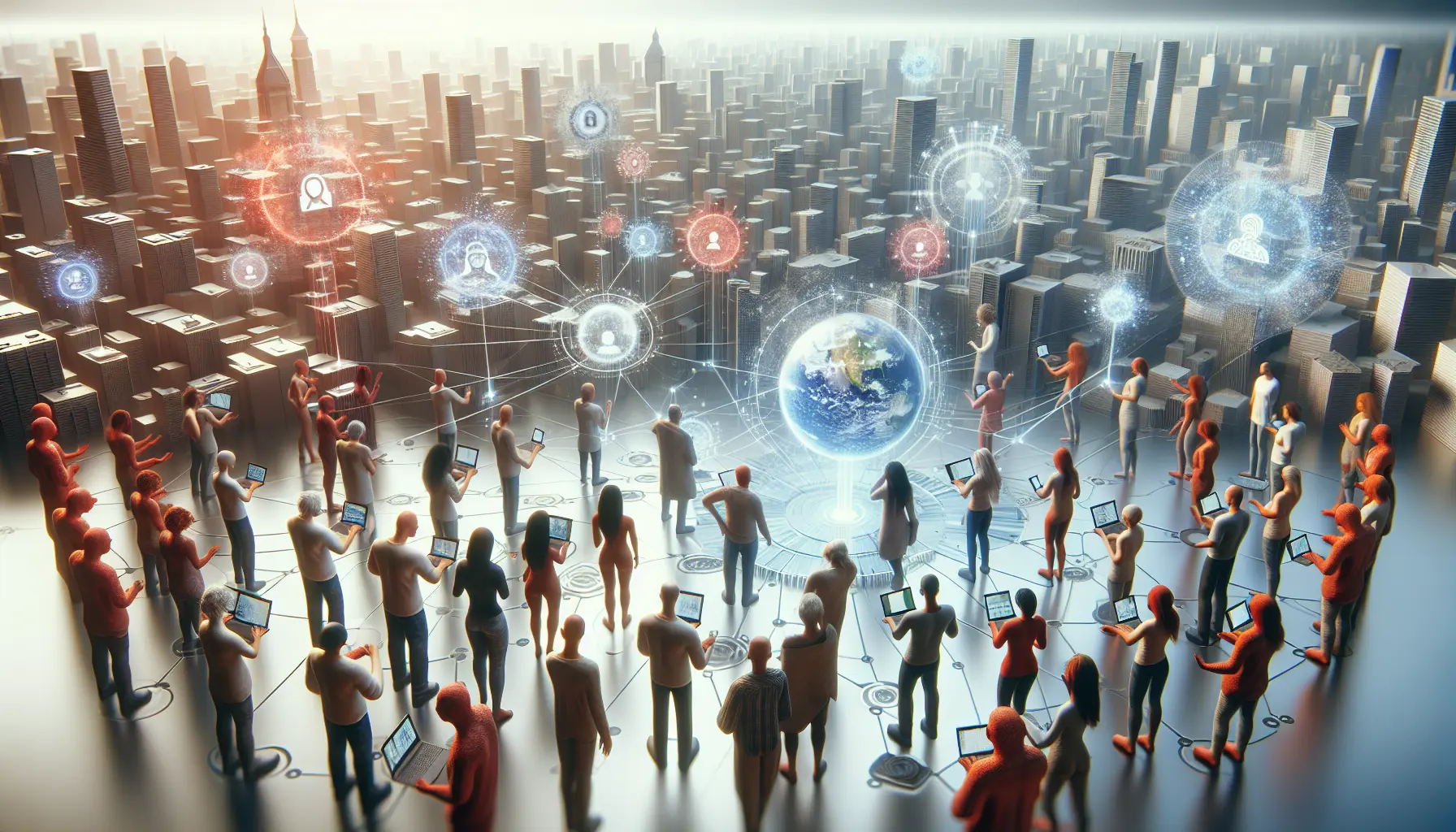 Un gruppo di persone che interagiscono online attraverso dispositivi digitali, rappresentando la connessione nelle comunità virtuali.