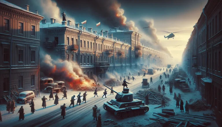Un'immagine storica che rappresenta la vita durante l'assedio di Leningrado, mostrando la devastazione e la resilienza della popolazione.