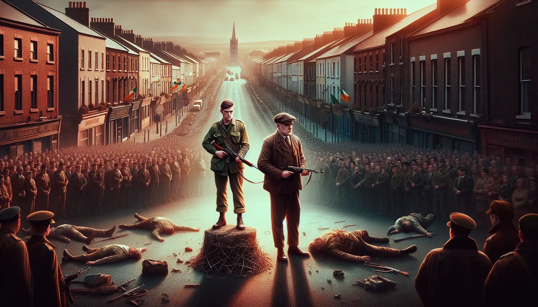 Manifestazione pacifica a Derry durante il Bloody Sunday, con persone che sfilano portando striscioni e bandiere.