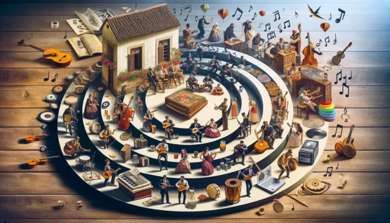 Un gruppo di musicisti folk che suonano strumenti tradizionali in un ambiente all'aperto, rappresentando la fusione di suoni e culture.