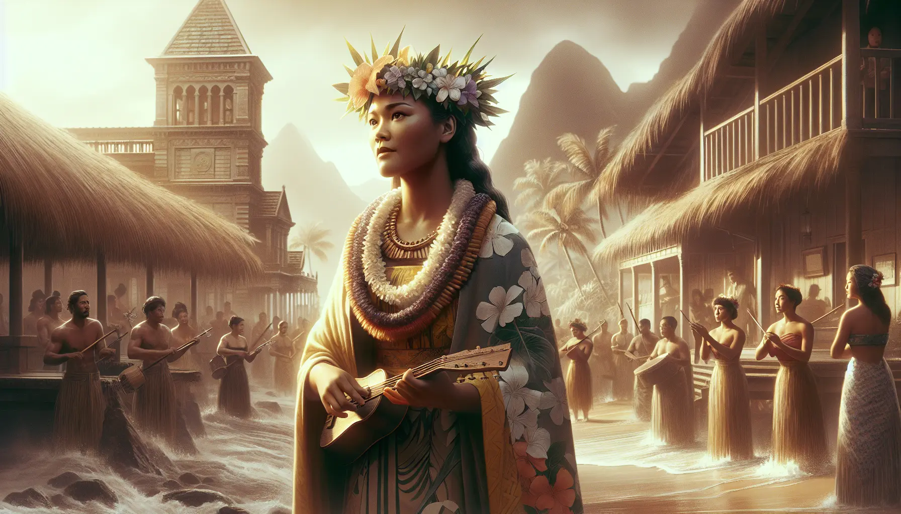 Ritratto di Liliʻuokalani, l'ultima regina delle Hawaii, con un contesto di palazzi e cultura hawaiana.