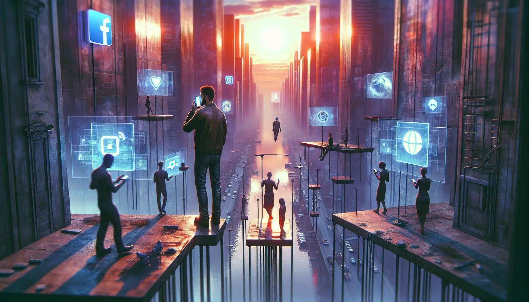 Una persona che utilizza uno smartphone per connettersi con amici sui social media, circondata da icone di varie piattaforme social.