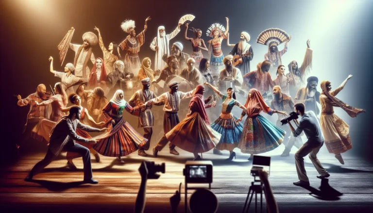 Gruppo di persone che ballano danze tradizionali in un festival culturale, indossando costumi colorati.