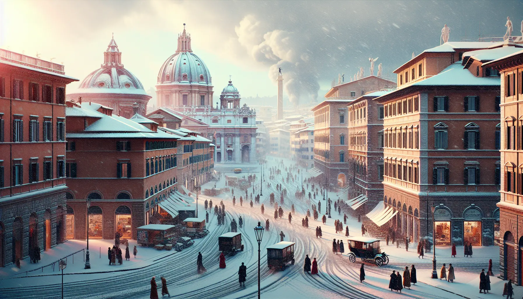 Roma coperta da un manto di neve, con monumenti storici e strade deserte che evocano un'atmosfera magica e contemplativa.