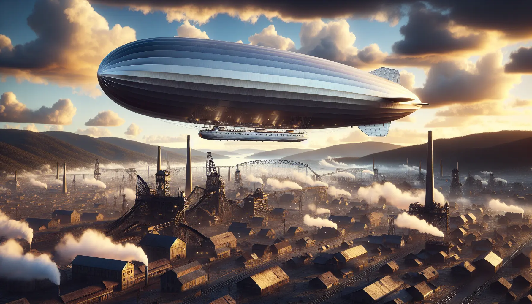 Un dirigibile Zeppelin in volo sopra un paesaggio urbano, simbolo di innovazione nel trasporto aereo.