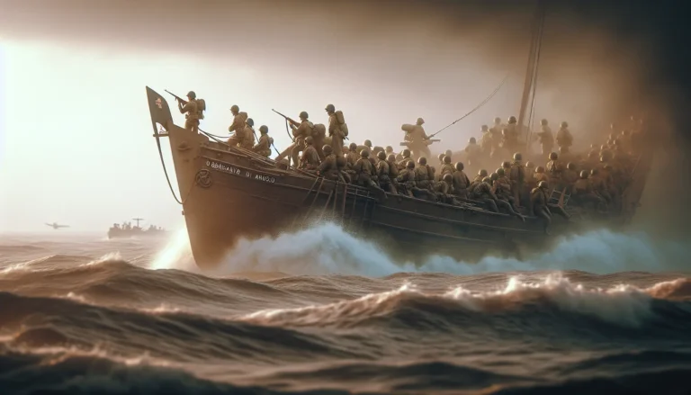 Un'immagine storica dello sbarco di Anzio, con soldati alleati che sbarcano sulle spiagge italiane, simbolo di una battaglia cruciale nella campagna d'Italia.