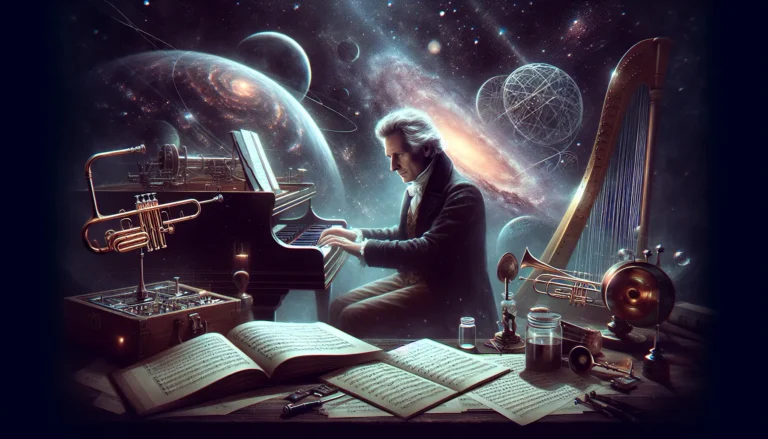 Ritratto di Sir Frederick William Herschel mentre osserva il cielo stellato con un telescopio.