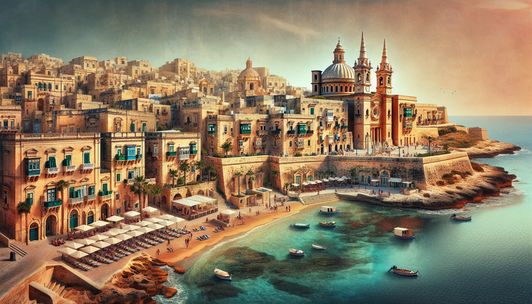 Panorama di Malta con il mare cristallino e le città storiche sullo sfondo