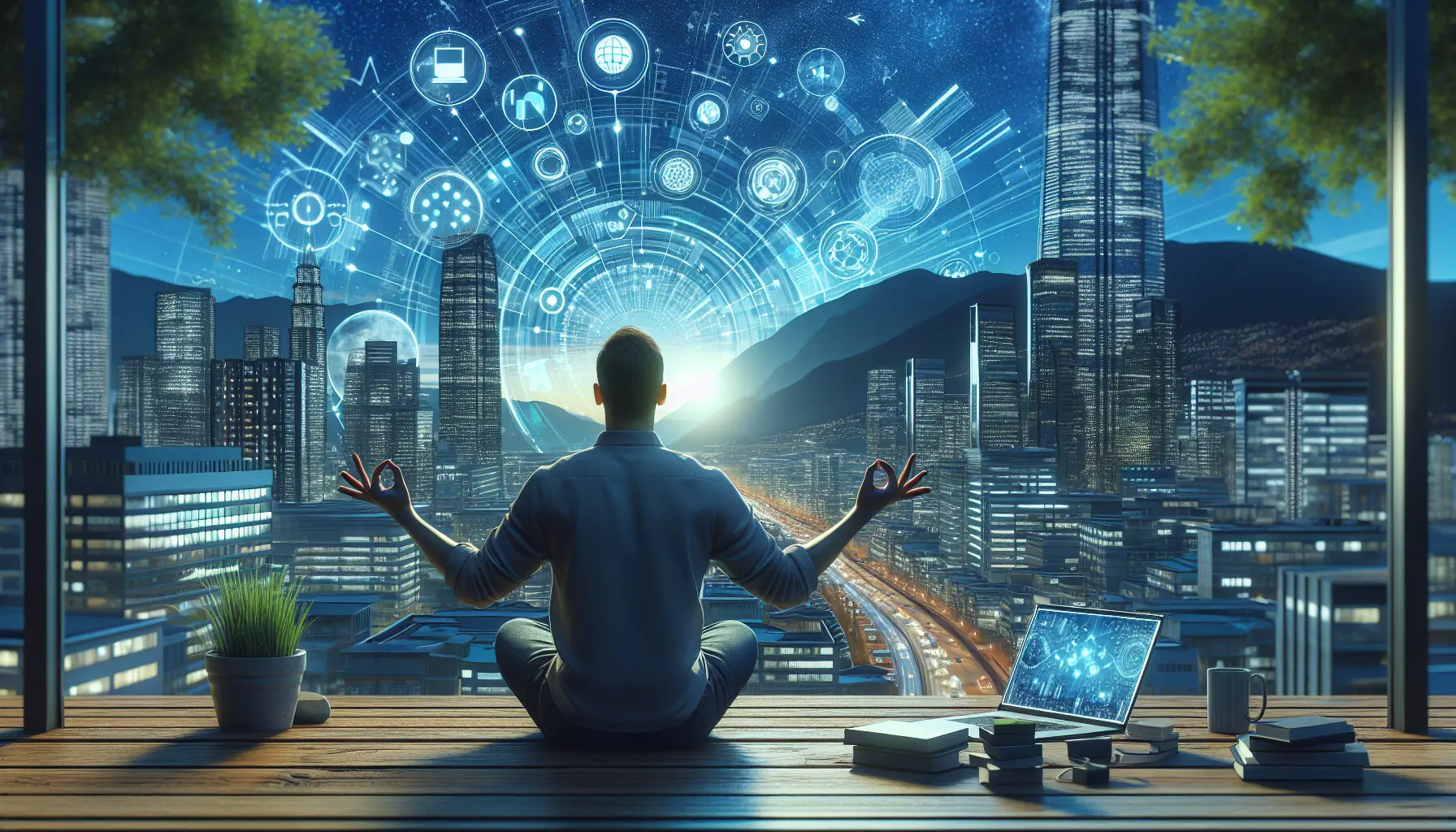 Persona che pratica mindfulness con uno smartphone in un ambiente tranquillo