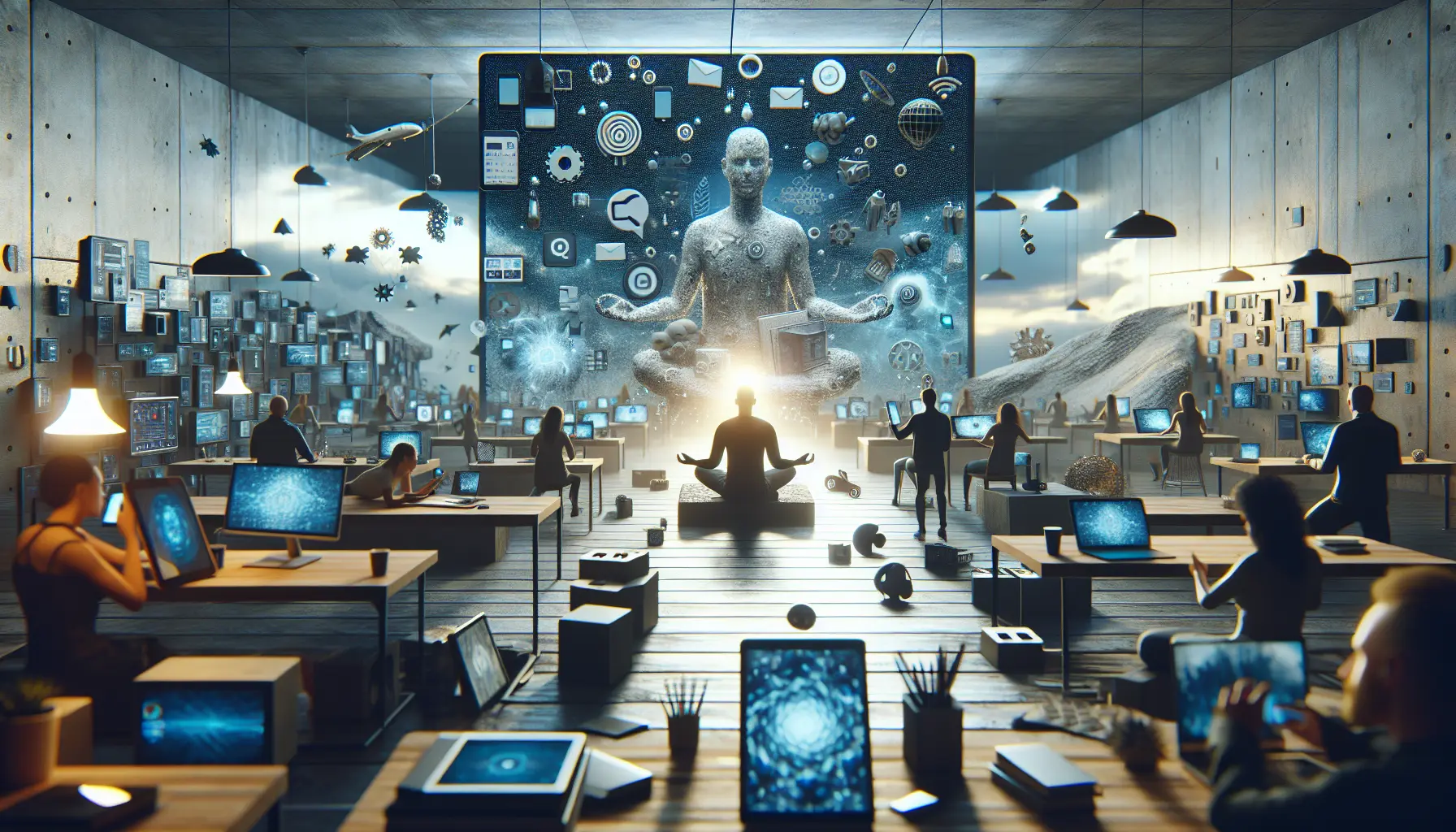 Una persona che pratica il minimalismo digitale, seduta in un ambiente sereno senza tecnologia, immersa nella lettura di un libro.