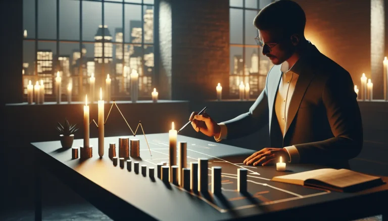 Un giovane che esamina le proprie spese su un laptop, circondato da oggetti minimalisti.