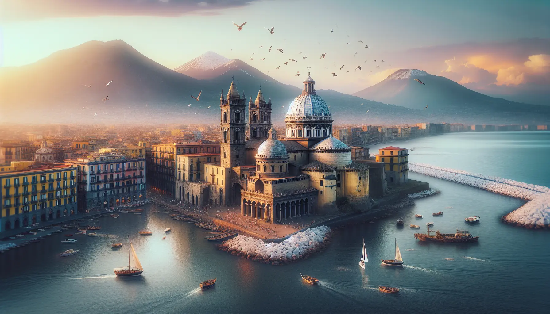 Panorama di Napoli con il Vesuvio sullo sfondo e il mare che si estende all'orizzonte.