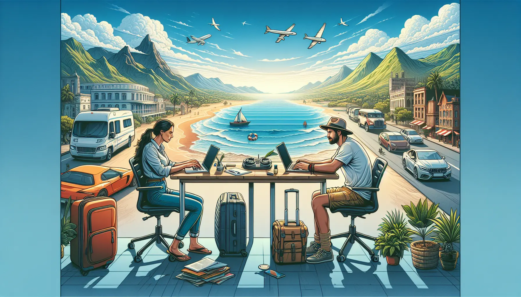 Un nomade digitale lavora al computer su una spiaggia tropicale, circondato da palme e mare.