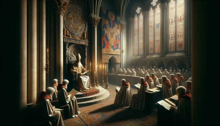 Ritratto di Papa Innocenzo III con simboli della Chiesa e del potere medievale.