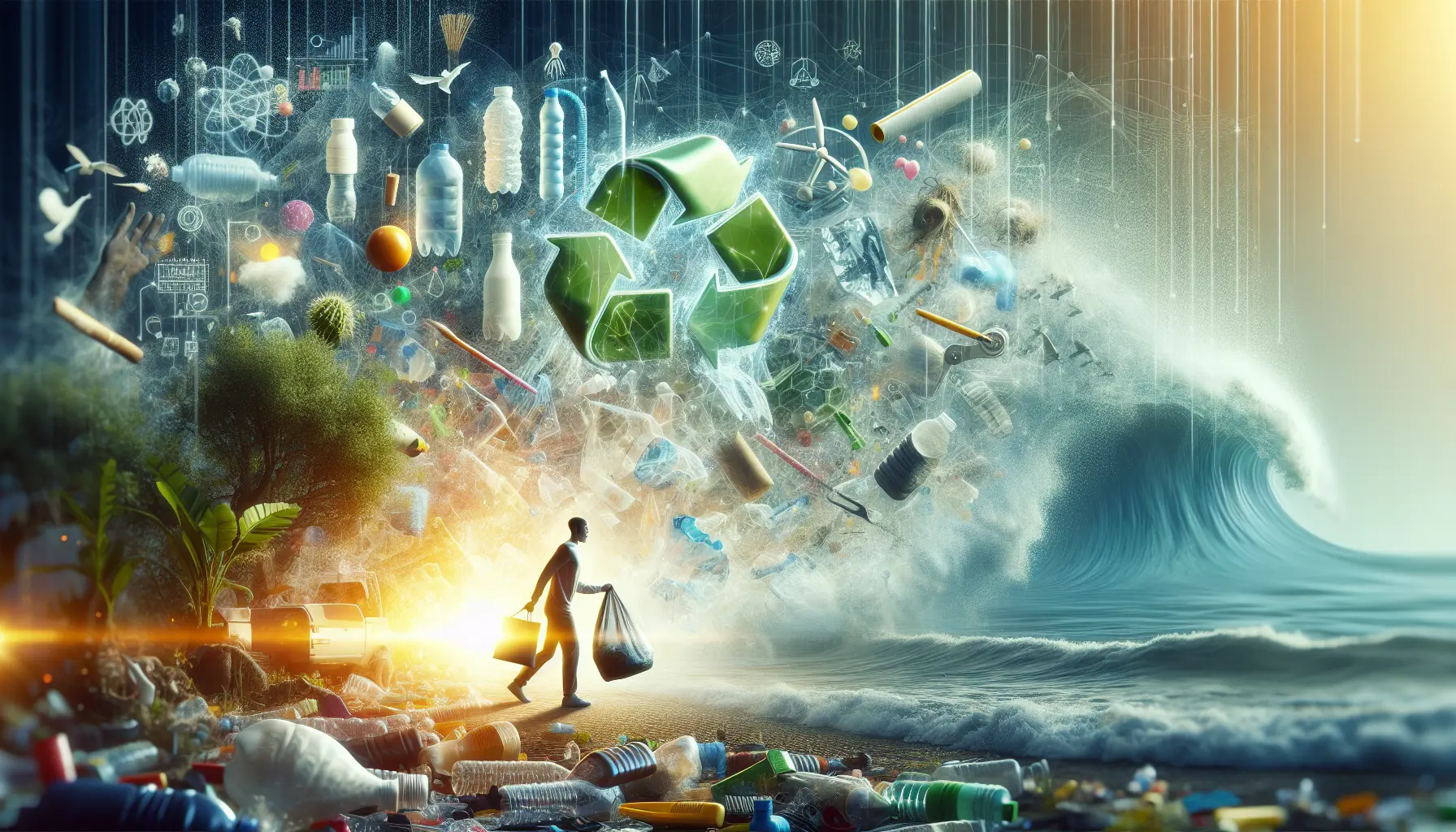 Un'immagine che mostra vari prodotti biodegradabili, come borse e contenitori, in un ambiente naturale.