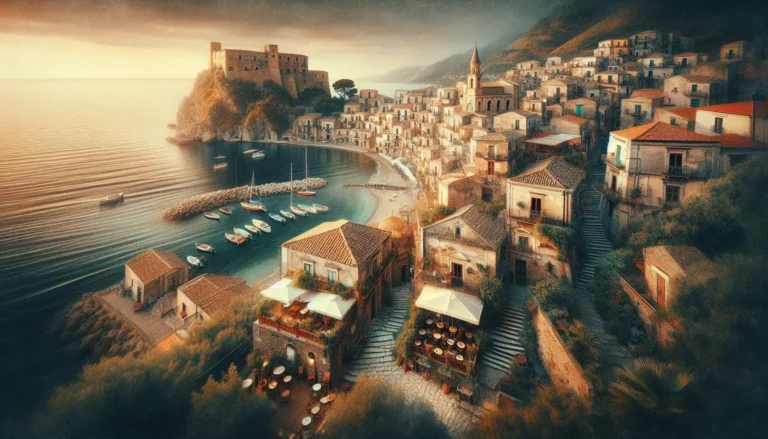 Vista panoramica di Scilla con il mare cristallino e il Castello Ruffo sullo sfondo