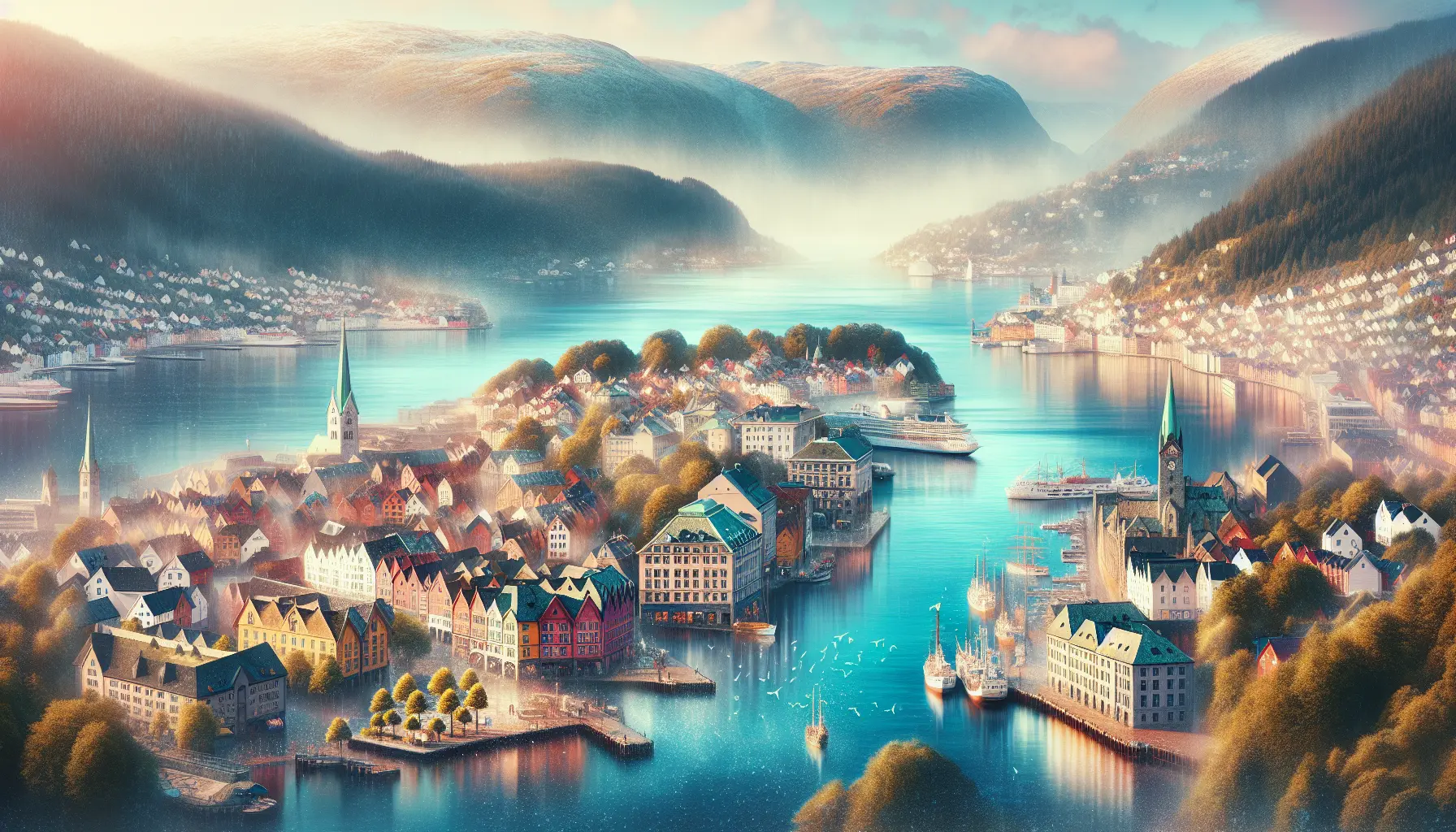 Vista panoramica di Bergen con le sue case colorate e il fiordo sullo sfondo