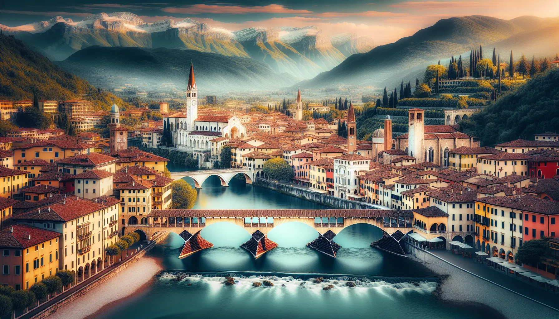 Panorama di Bassano del Grappa con il Ponte degli Alpini sul fiume Brenta
