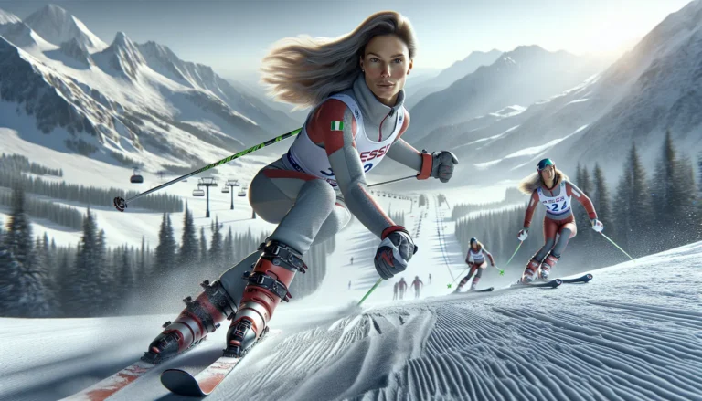 Sofia Goggia in azione durante una gara di sci, con espressione determinata e concentrata.