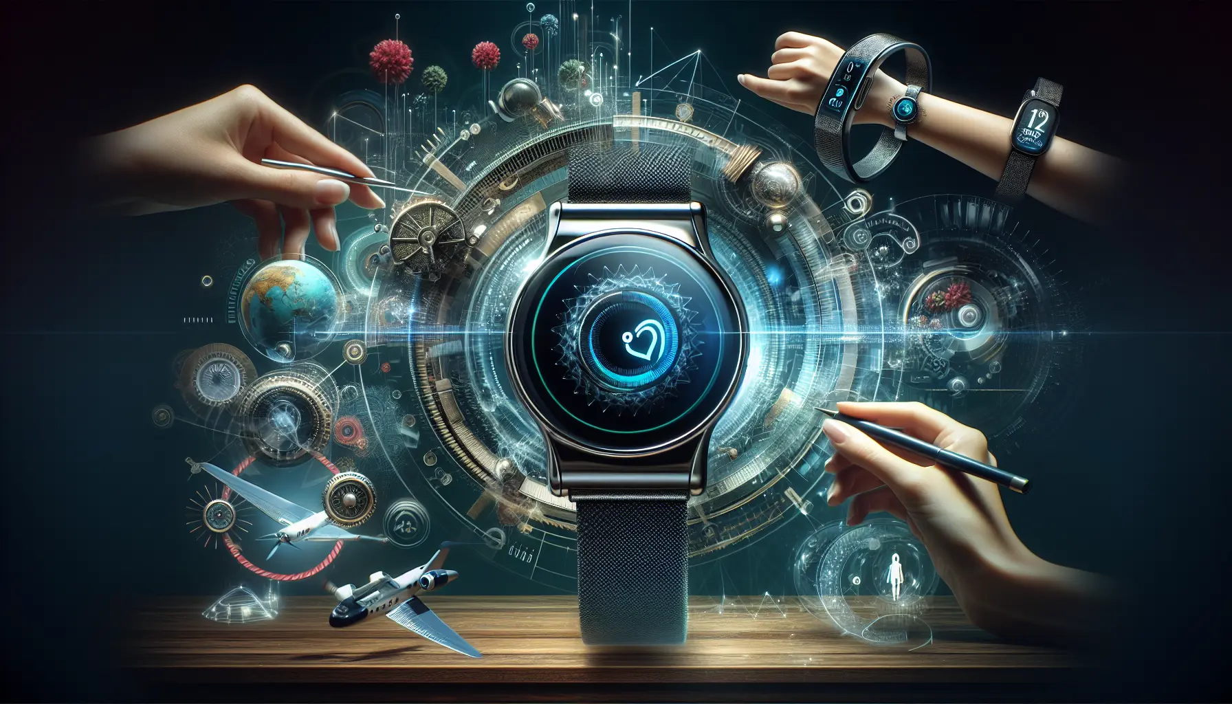 Un elegante smartwatch che monitora la salute e l'attività fisica, posizionato su un tavolo di legno con un ambiente luminoso e moderno.